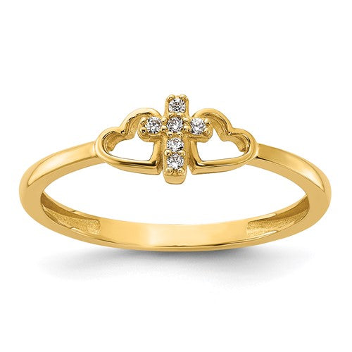 14K polished CZ cross and hearts ring featuring intricate design, crafted by Solomon Jewelers, in a close-up shot.