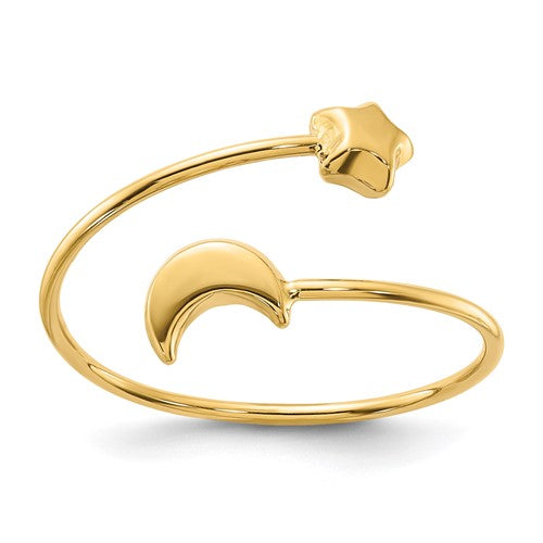 14K gold polished moon and star ring with adjustable design, featuring celestial motifs from Solomon Jewelers.