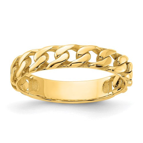 14k polished 4mm curb link ring in size 10, showcasing shiny gold jewelry with a smooth, rounded curb link design.