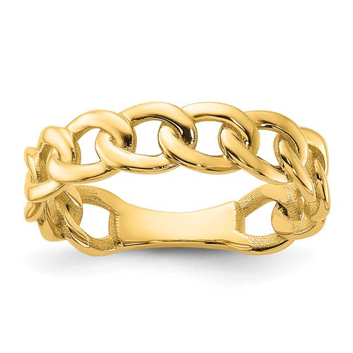 14k polished 5mm curb link ring in size 6.5, crafted by Solomon Jewelers, showcasing a sleek gold jewelry design.