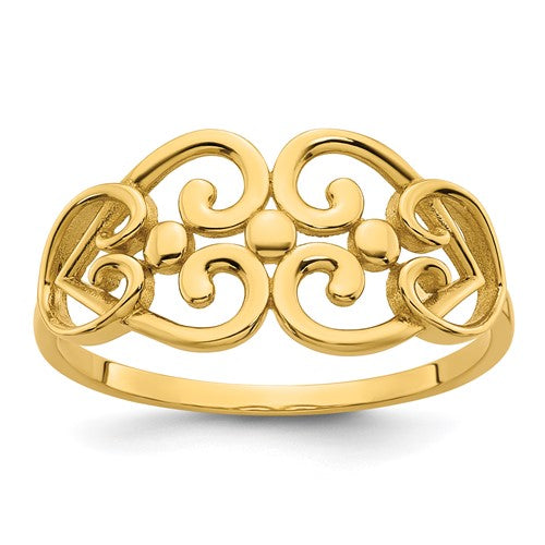 14k polished gold ring with cut-out fancy hearts design, elegant jewelry piece from Solomon Jewelers.