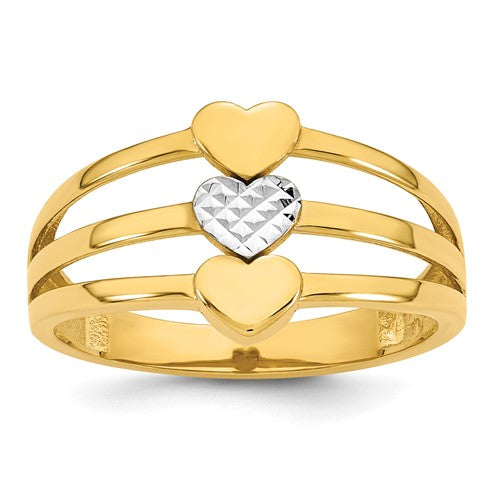 Polished 14k white gold ring with three hearts design featuring white rhodium finish, from Solomon Jewelers.
