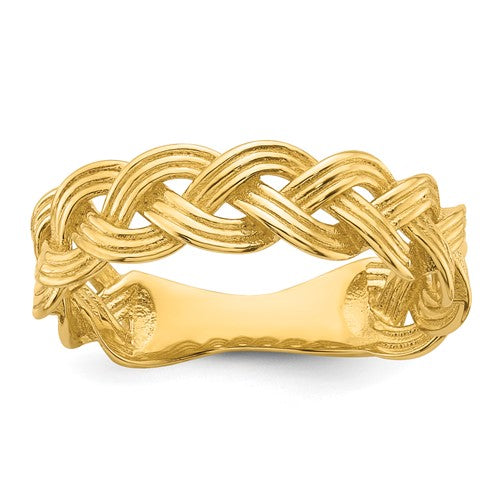 14k polished fancy braided ring from Solomon Jewelers, showcasing intricate braided design in shining gold jewelry.