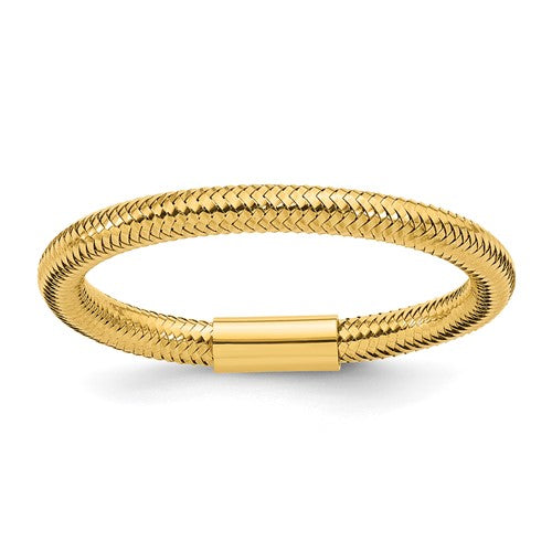 14k gold mesh stretch ring from Solomon Jewelers, featuring a flexible, textured band suitable for everyday wear.