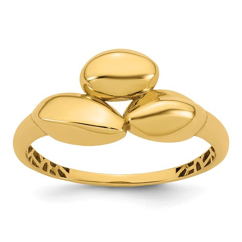 14k polished trio domed ring from Solomon Jewelers, showcasing a smooth, shiny gold band with three interconnected domed sections.