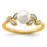14K gold polished diamond and pearl leaf fashion ring, Solomon Jewelers jewelry featuring intricate leaf design with sparkling diamonds and pearls.