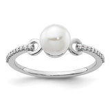 14K white gold fashion ring with polished finish, featuring diamonds and pearls, crafted by Solomon Jewelers.