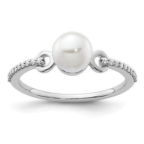 14K white gold fashion ring with polished finish, featuring diamonds and pearls, crafted by Solomon Jewelers.