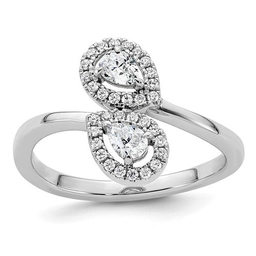 14K white gold diamond pear bypass ring with polished finish, featuring sparkling diamonds in a jewelry ring design.