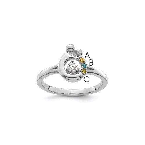 14k white gold diamond mother and child ring with three birthstones, semi-mount design by Solomon Jewelers