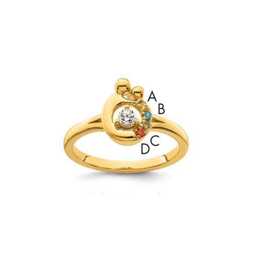 14k gold mother and child ring with four diamond and birthstone accents, featuring a semi-mount design by Solomon Jewelers.