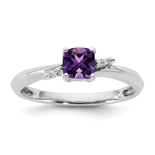 14K white gold fashion ring with polished finish, featuring diamonds and amethyst gemstones, by Solomon Jewelers.