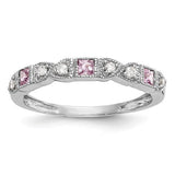 14k white gold ring with pink sapphire and diamond accents, elegant jewelry band featuring sparkling gemstones.