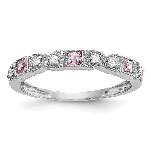 14k white gold ring with pink sapphire and diamond accents, elegant jewelry band featuring sparkling gemstones.