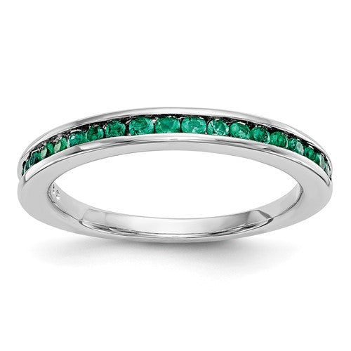 14k white gold emerald ring with a row of green emeralds, elegant jewelry band by Solomon Jewelers.