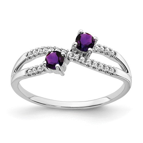 14k white gold two-stone amethyst and diamond ring featuring elegant gemstone accents and intricate band design.