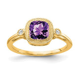 14k gold cushion amethyst and diamond ring featuring elegant gemstone and sparkling accents, crafted by Solomon Jewelers.
