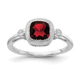 14k white gold cushion garnet and diamond ring with intricate detailing, crafted by Solomon Jewelers.