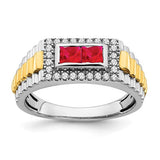 14k two-tone ruby and diamond men's ring featuring elegant design, crafted by Solomon Jewelers, with vibrant gemstones and polished finish.