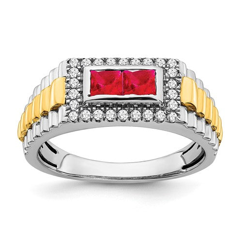 14k two-tone ruby and diamond men's ring featuring elegant design, crafted by Solomon Jewelers, with vibrant gemstones and polished finish.