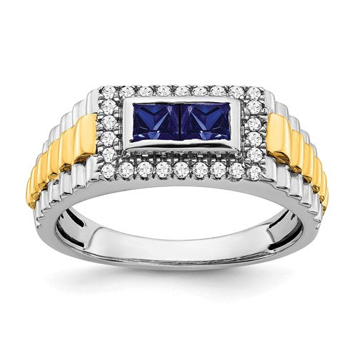 14k two-tone sapphire and diamond men's ring featuring elegant jewelry design and detailed gemstone accents.