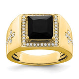 14k gold men's ring featuring black onyx and diamond accents, crafted by Solomon Jewelers.