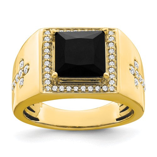 14k gold men's ring featuring black onyx and diamond accents, crafted by Solomon Jewelers.
