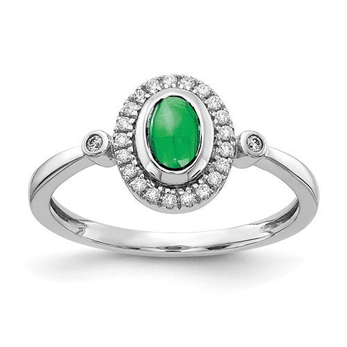 14k white gold diamond and oval cabochon emerald halo ring with intricate design, showcasing sparkling gemstones and fine craftsmanship.