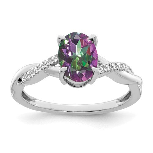 14k white gold oval mystic fire topaz and diamond ring with intricate band design, elegant jewelry piece.