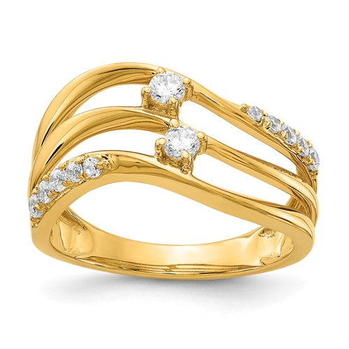 14k gold 3-row wavy diamond ring featuring sparkling diamonds, elegant jewelry piece from Solomon Jewelers.