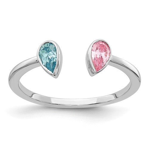 14k white gold ring featuring a pear-shaped blue topaz and pink tourmaline gemstones, elegant jewelry design