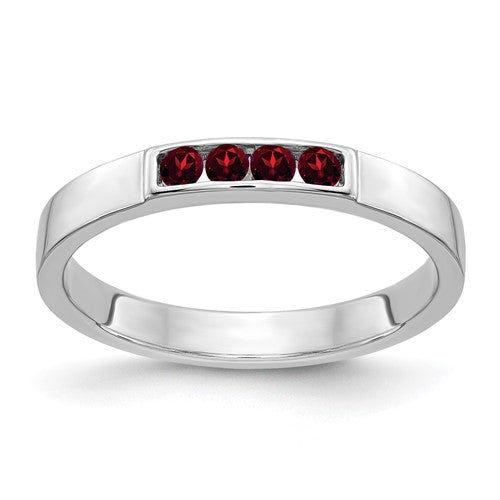 14k white gold garnet ring with four stones, elegant jewelry band showcasing vibrant red garnets and fine craftsmanship.