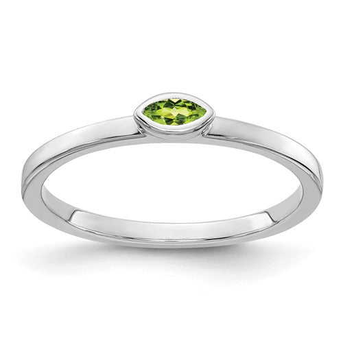 14k white gold ring featuring a bezel-set marquise peridot gemstone, elegant jewelry piece with intricate design.