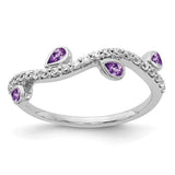 14k white gold diamond and pear-shaped amethyst curved ring, elegant jewelry piece with sparkling gemstones.