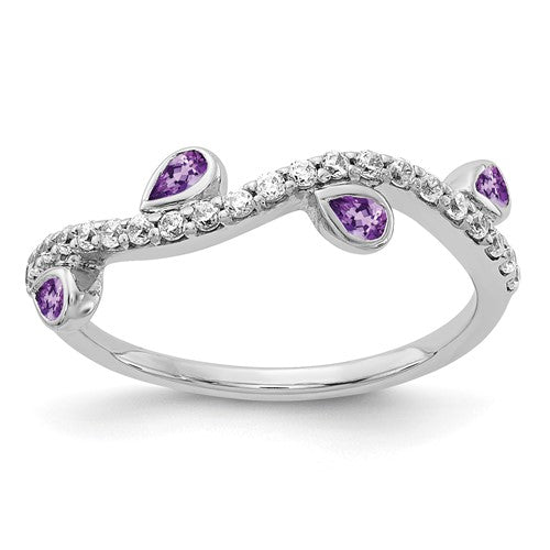 14k white gold diamond and pear-shaped amethyst curved ring, elegant jewelry piece with sparkling gemstones.