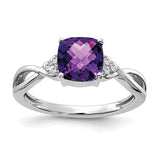 14K white gold checkerboard amethyst and diamond ring featuring a vibrant purple gemstone and sparkling accents.