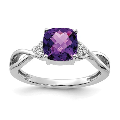14K white gold checkerboard amethyst and diamond ring featuring a vibrant purple gemstone and sparkling accents.