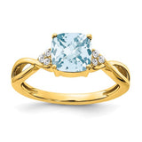 14k gold checkerboard aquamarine and diamond ring showing intricate gemstone setting and sparkling accents.