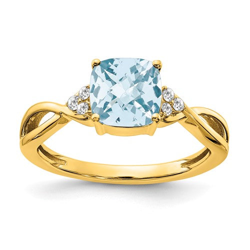 14k gold checkerboard aquamarine and diamond ring showing intricate gemstone setting and sparkling accents.