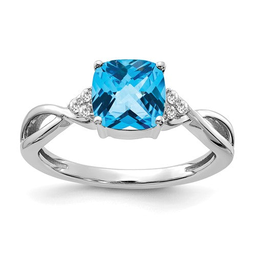 14K white gold checkerboard blue topaz and diamond ring, elegant jewelry piece with sparkling gemstones.