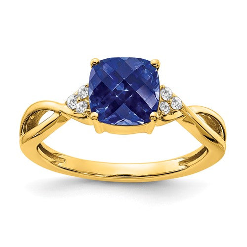 14k gold checkerboard created sapphire and diamond ring showcasing a sparkling gemstone and intricate design.