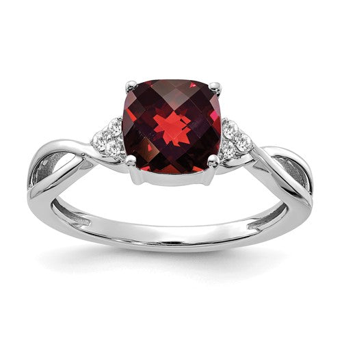 14K white gold checkerboard garnet and diamond ring, elegant jewelry piece with intricate design and sparkling gemstones.