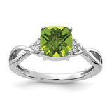14K white gold ring featuring a checkerboard-cut peridot and diamond accents, elegant jewelry from Solomon Jewelers