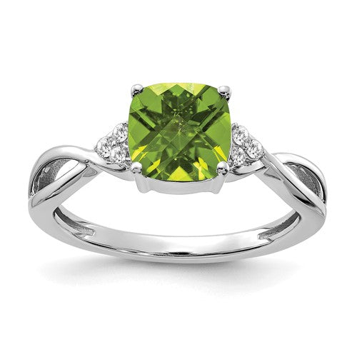 14K white gold ring featuring a checkerboard-cut peridot and diamond accents, elegant jewelry from Solomon Jewelers