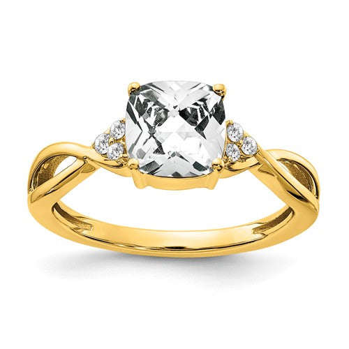 14k gold checkerboard white topaz and diamond ring, elegant jewelry piece with intricate design and sparkling gemstones.
