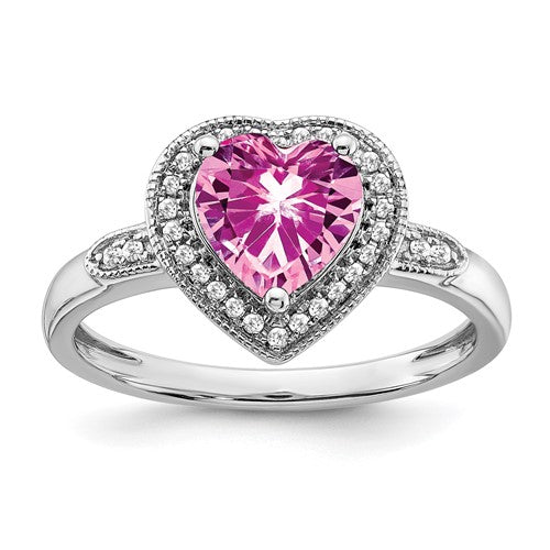 14k white gold heart-shaped pink sapphire and diamond halo ring, Solomon Jewelers jewelry, elegant and sparkling design