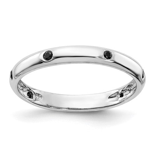 14k white gold black diamond ring featuring six stones, crafted by Solomon Jewelers. Elegant jewelry ring with sparkling black diamonds.