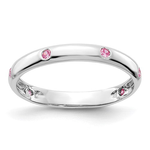 14k white gold pink sapphire ring with six stones, elegant jewelry band featuring vibrant pink sapphires and white gold setting.