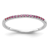 14k white gold pink sapphire ring with a row of sparkling pink sapphires, elegant jewelry ring by Solomon Jewelers.