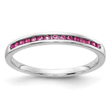14k white gold pink sapphire channel ring featuring a row of sparkling pink sapphires in a sleek jewelry design.